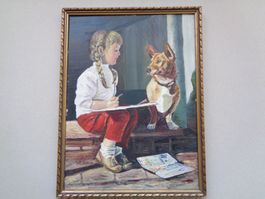 GEMÄLDE MÄDCHEN MIT HUND IM JUGENDSTIL RAHMEN