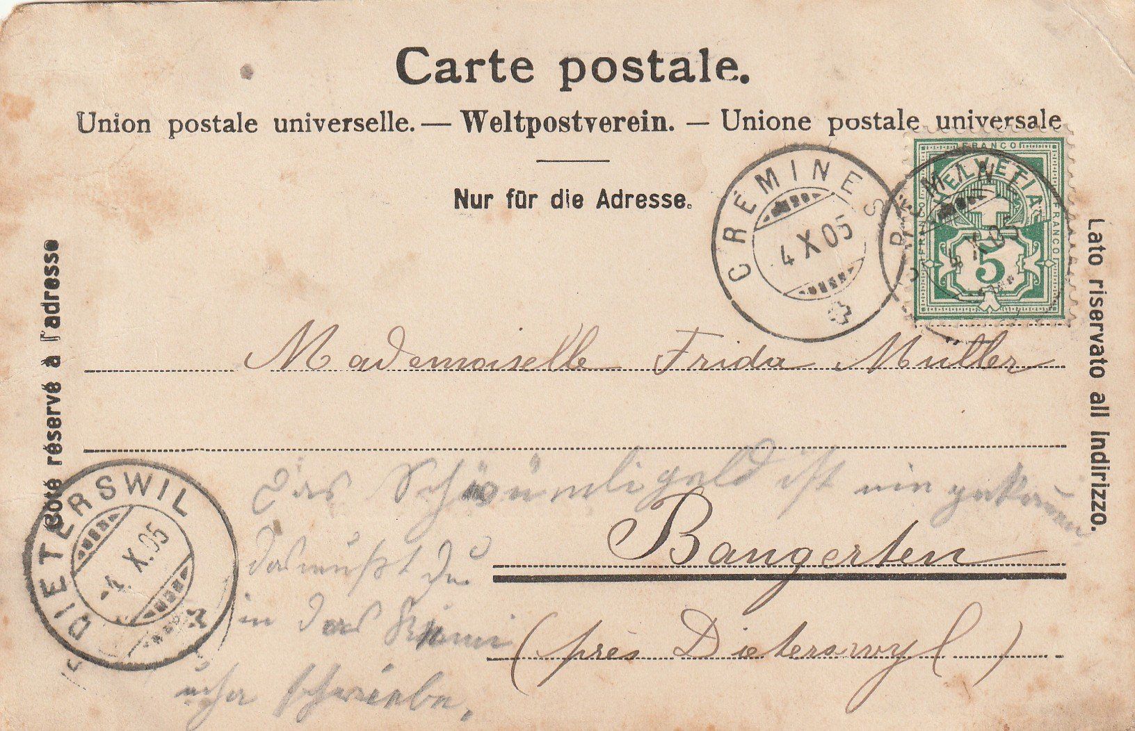 Cartoline postali: AK  Souvenir de  Gremines  mit Postkutsche 1905  Selten – Usato da Rupperswil venduto da Ema10 1