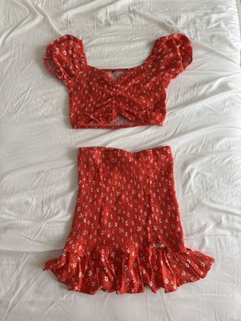 Bershka Summer Co-ord Set. Red Floral Top & Skirt. Size S