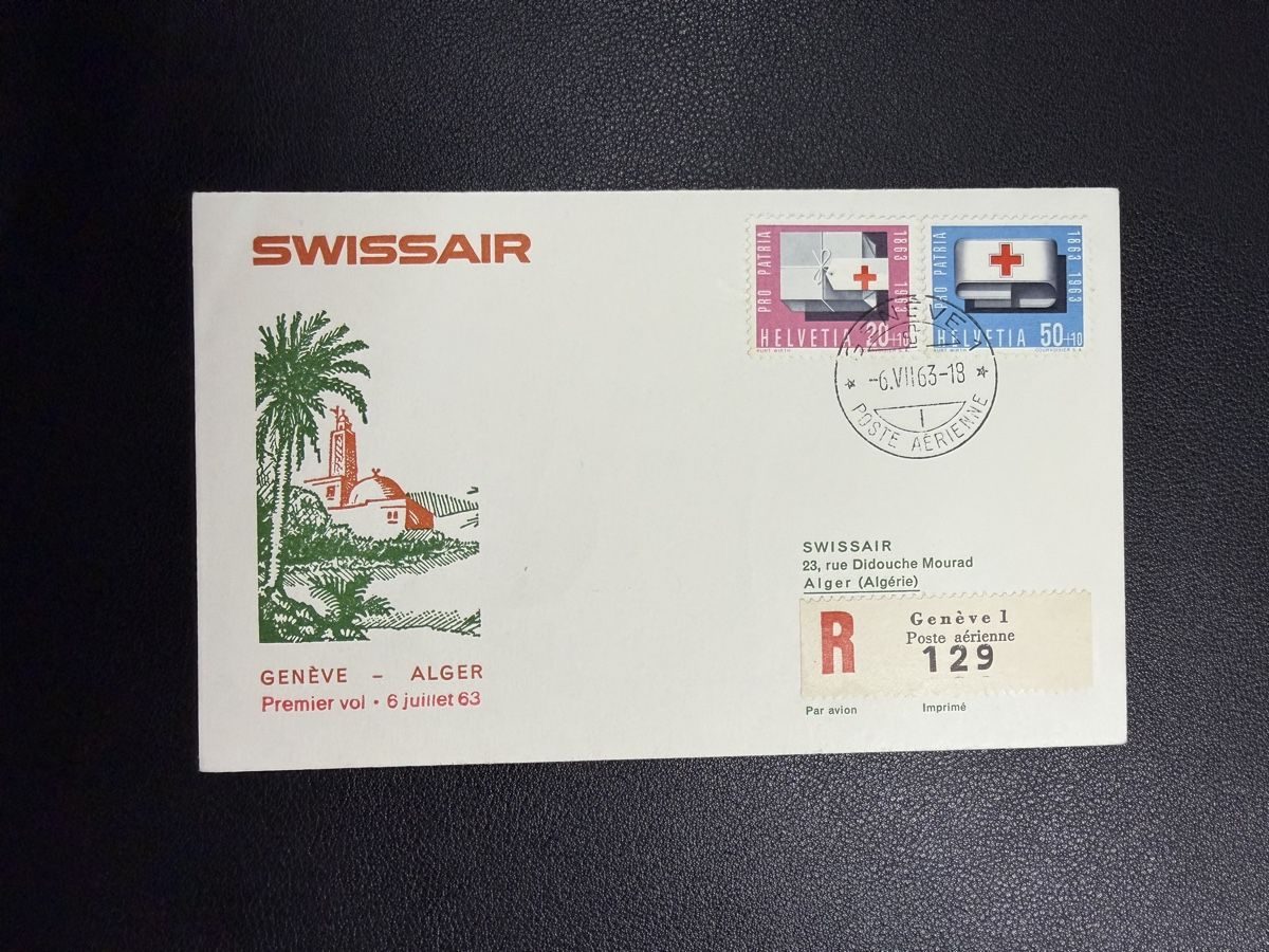Tutti i francobolli: Swissair Erstflugbrief Genf - Algier 1963 – Usato da oberrüti venduto da jeanmei