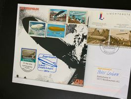 5 Zeppelin mit Bordsiegel Marke 1.9.14 Schweiz + FL  unikat