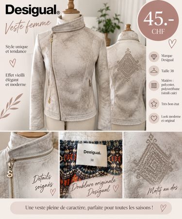 Veste femme Desigual similicuir beige taille 38 état neuf