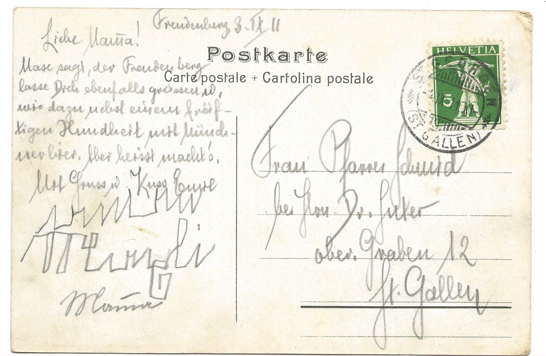Ansichtskarten: St. Gallen - St. Georgen - Restaurant Freudenberg - 1911 – Gebraucht aus Engelburg von Cartophil 1