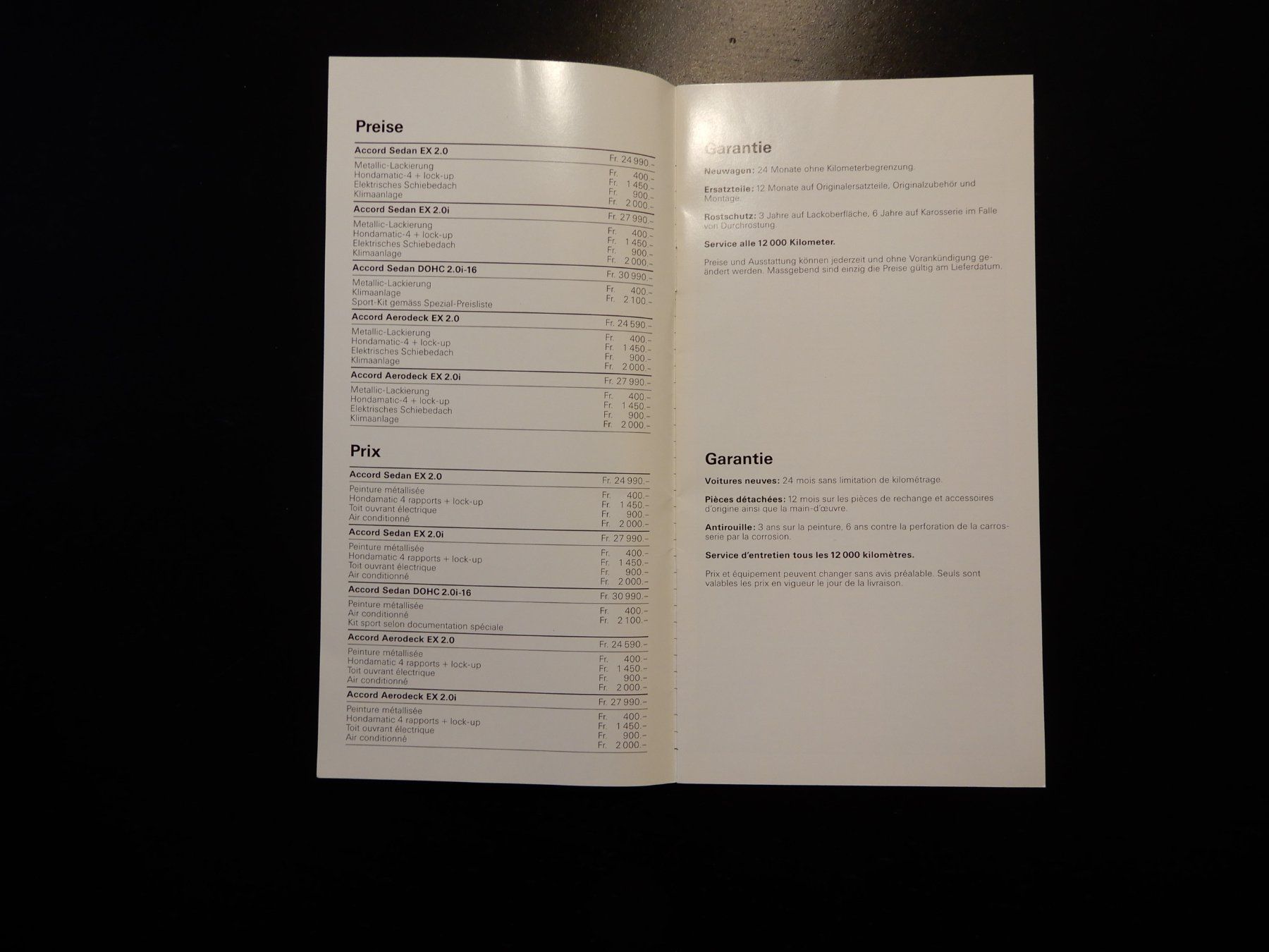 Honda Documenti: Honda Accord Preisliste 1987 Schweiz – Usato da Erstfeld venduto da Mario_boe0 1
