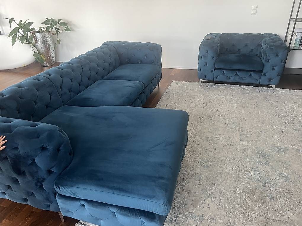 Divani: Chesterfield Ecksofa + Sessel Samt Petrol – Usato da Luzern venduto da chr_q7v2 2