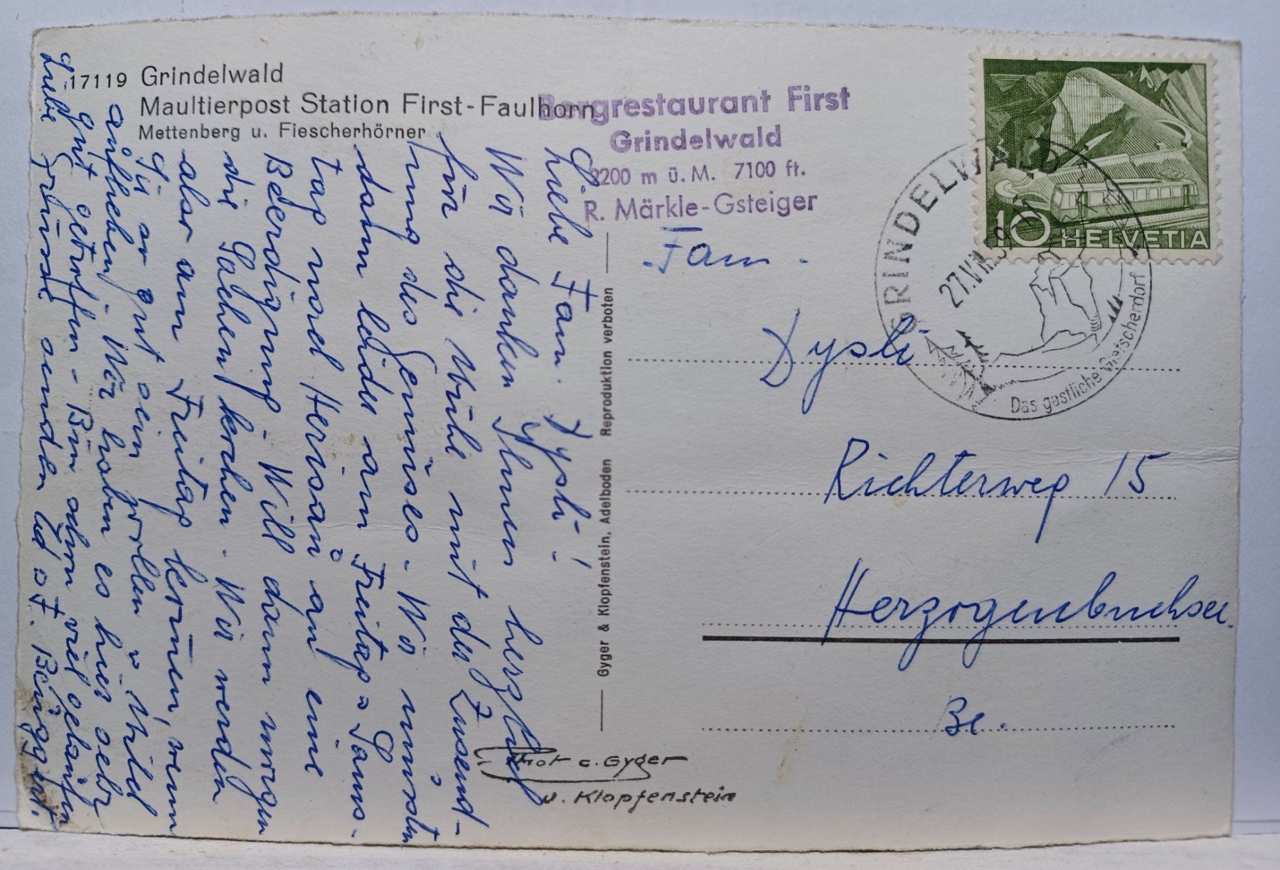 Ansichtskarten: Maultierpost-Station First-Faulhorn, 1959 – Gebraucht aus Aarau Rohr von mgvw 1
