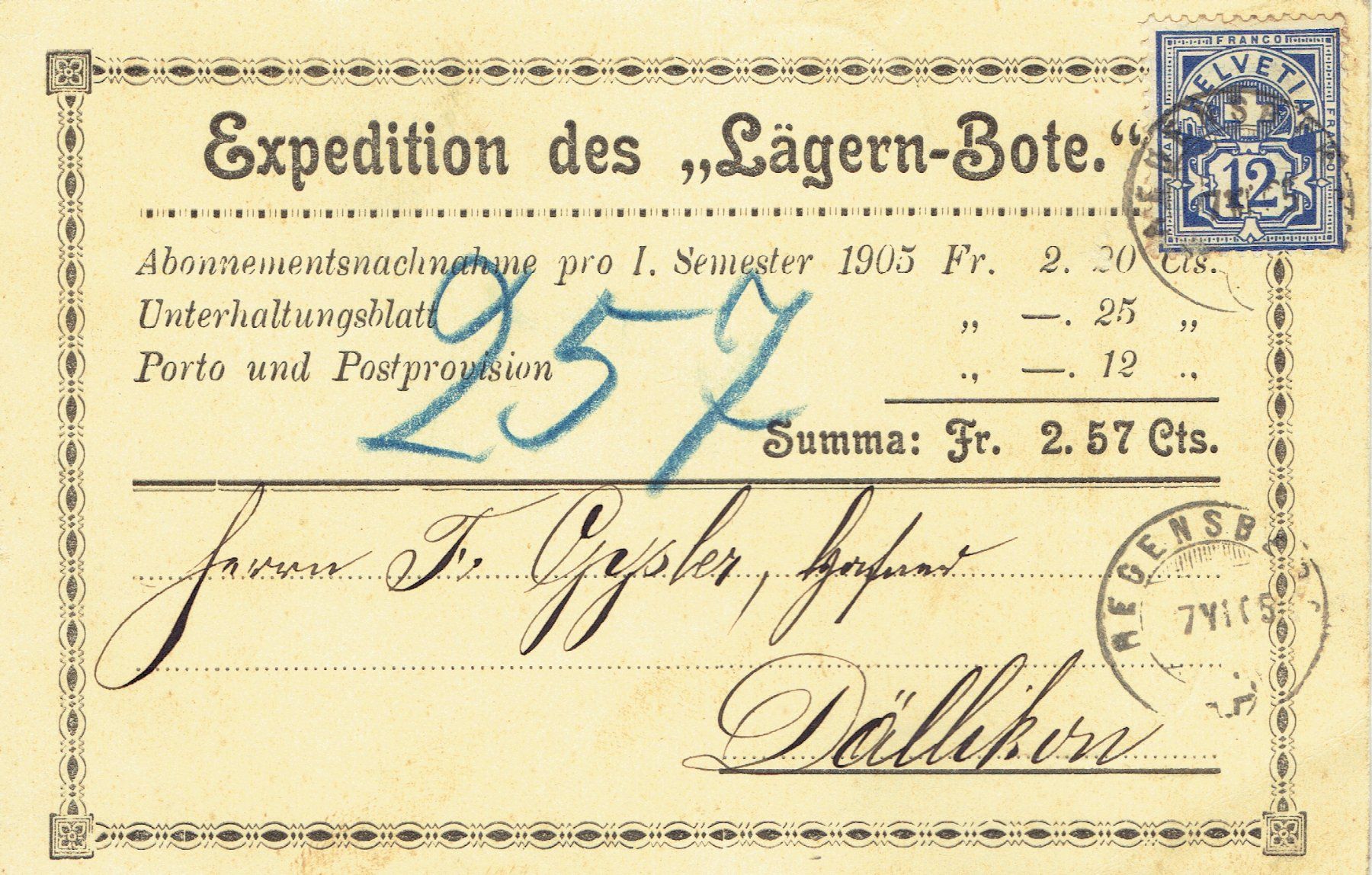 Cartoline postali: Regensberg 1905 – Usato da Otelfingen venduto da Schmitte9