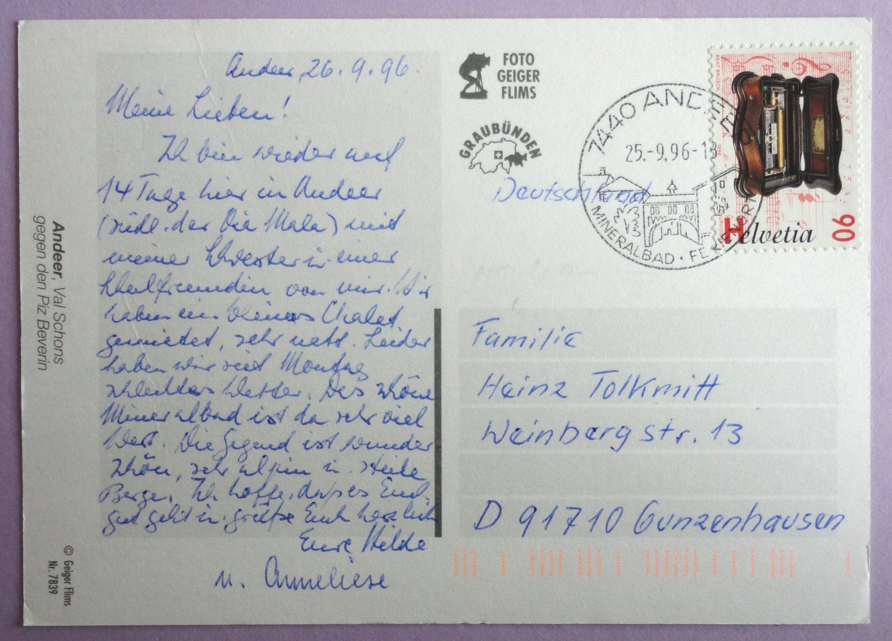 Cartes postales: Andeer, Val Schons – D'occasion à Fétigny par Billy2miny 1