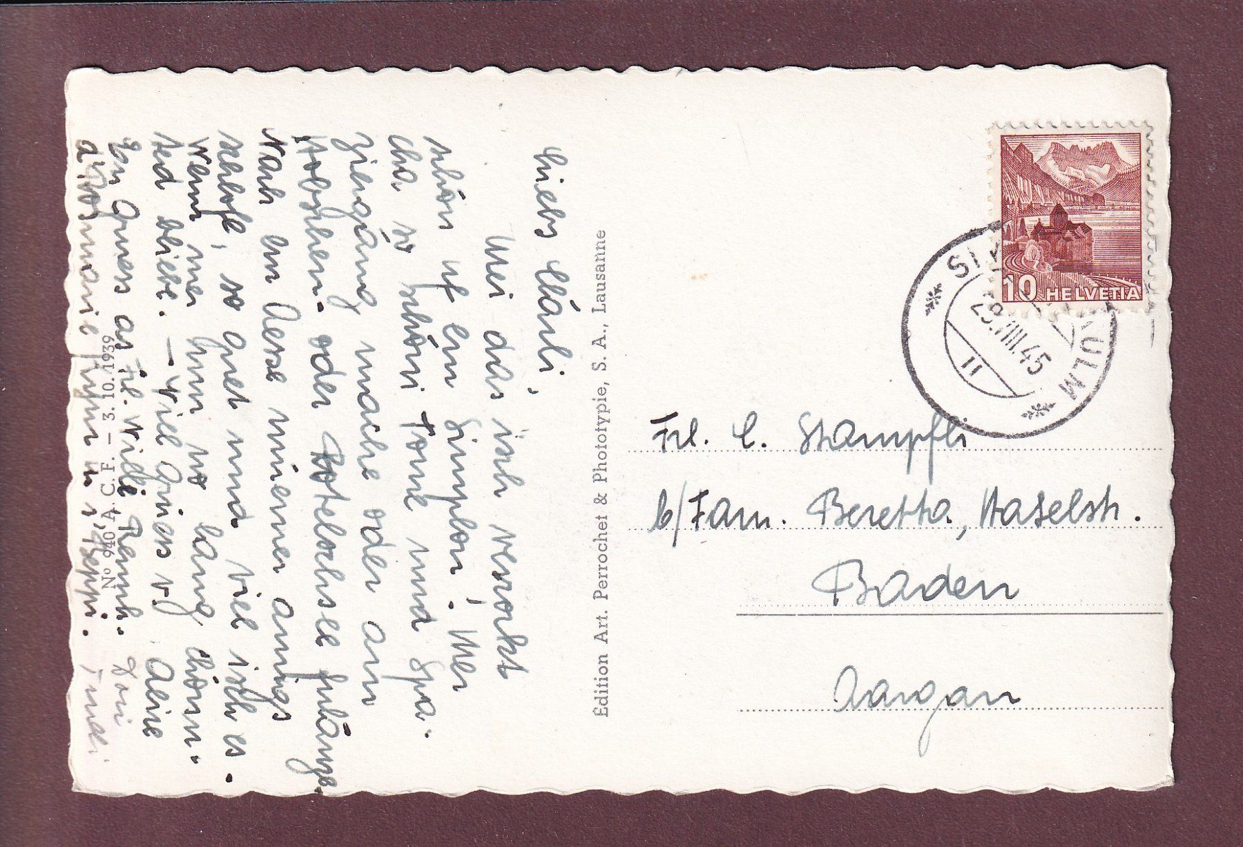 Ansichtskarten: SIMPLON-KULM - See und Hospiz - 1945 – Gebraucht aus Pully von nicecards 1
