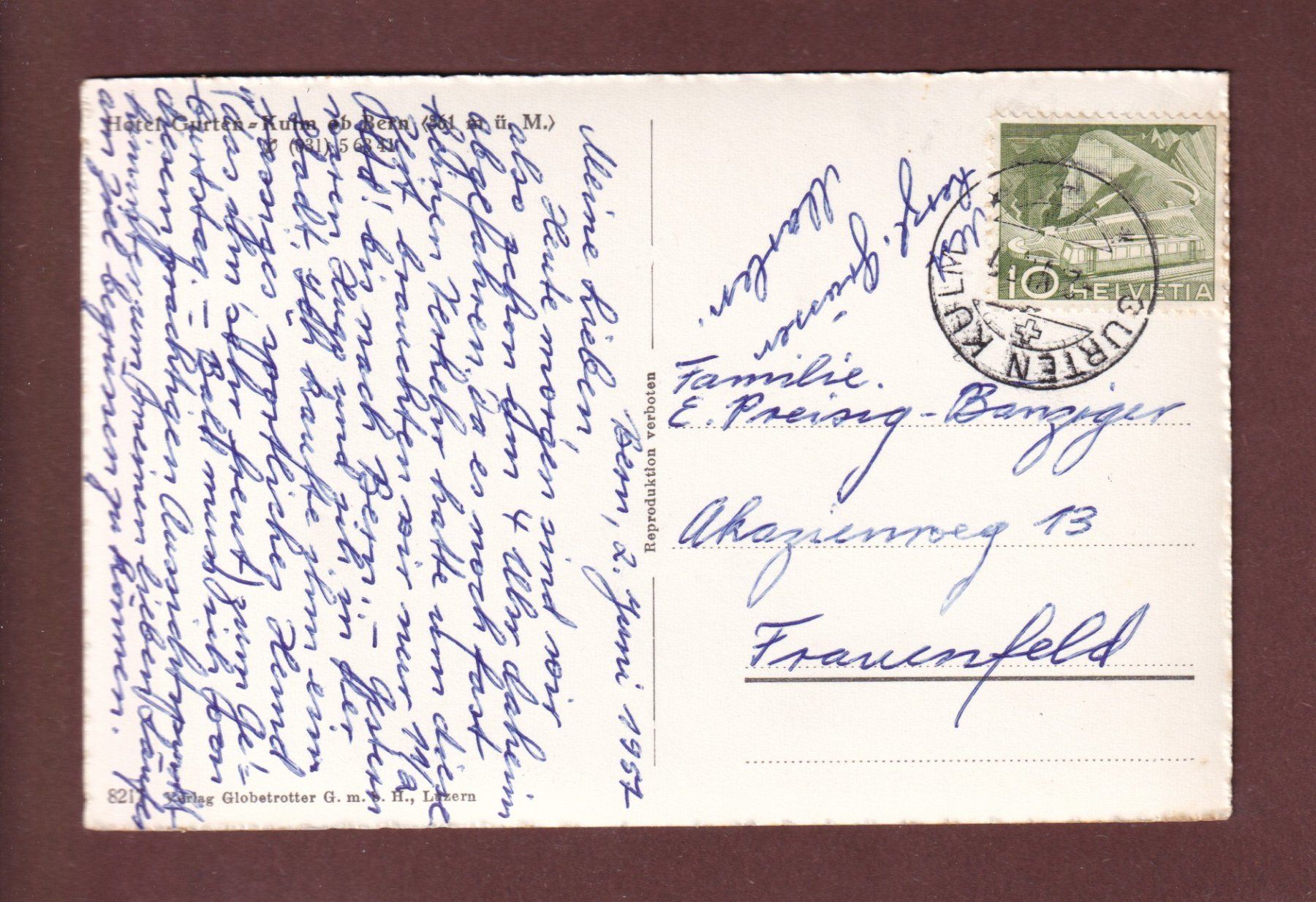 Cartoline postali: GURTEN KULM ob Bern - 1957 – Usato da Pully venduto da nicecards-shop 1