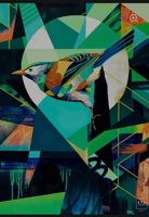 Tableau peinture oiseau abstrait couleurs vives 50x70 cm