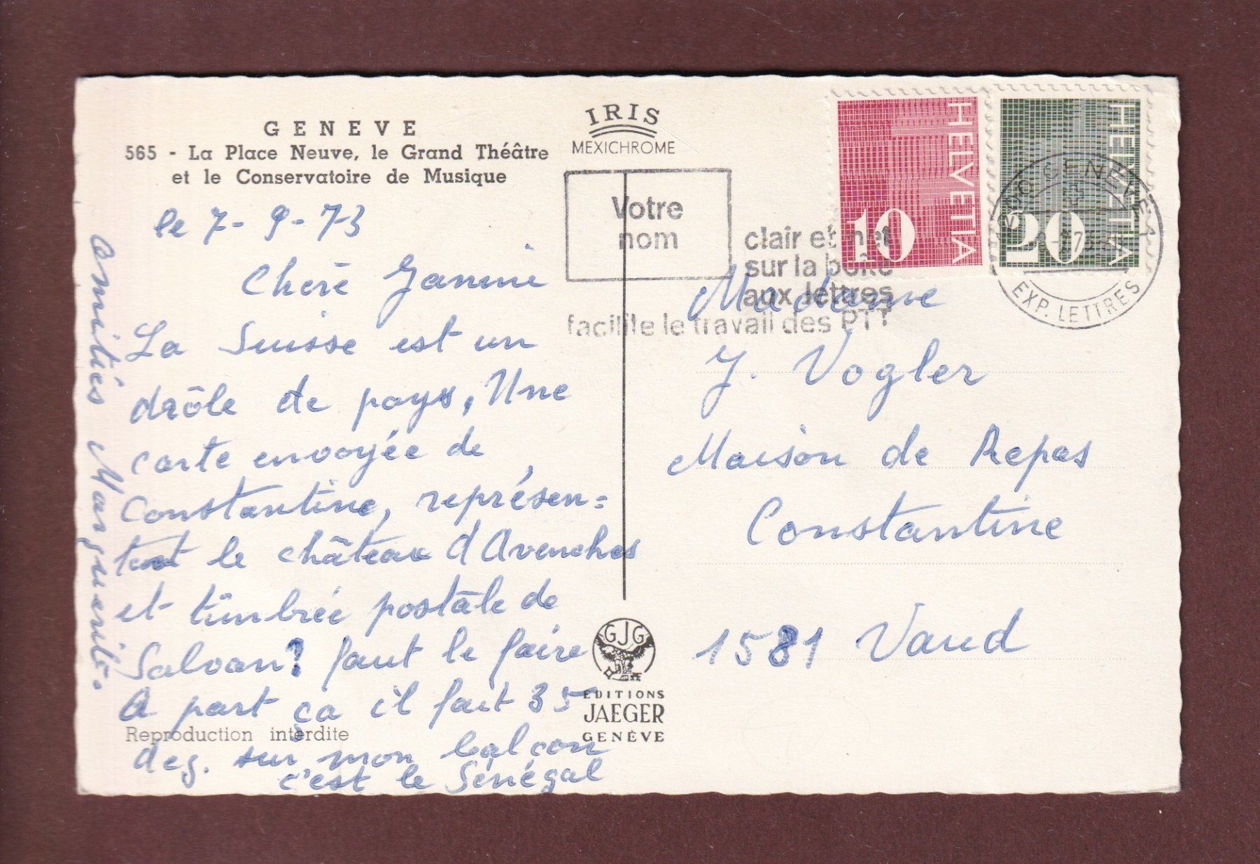 Cartoline postali: GENEVE - Place Neuve - 1973 – Usato da Pully venduto da nicecards 1