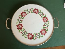 Serviertablett rund  Emaille Blumendekor einr. Silber.