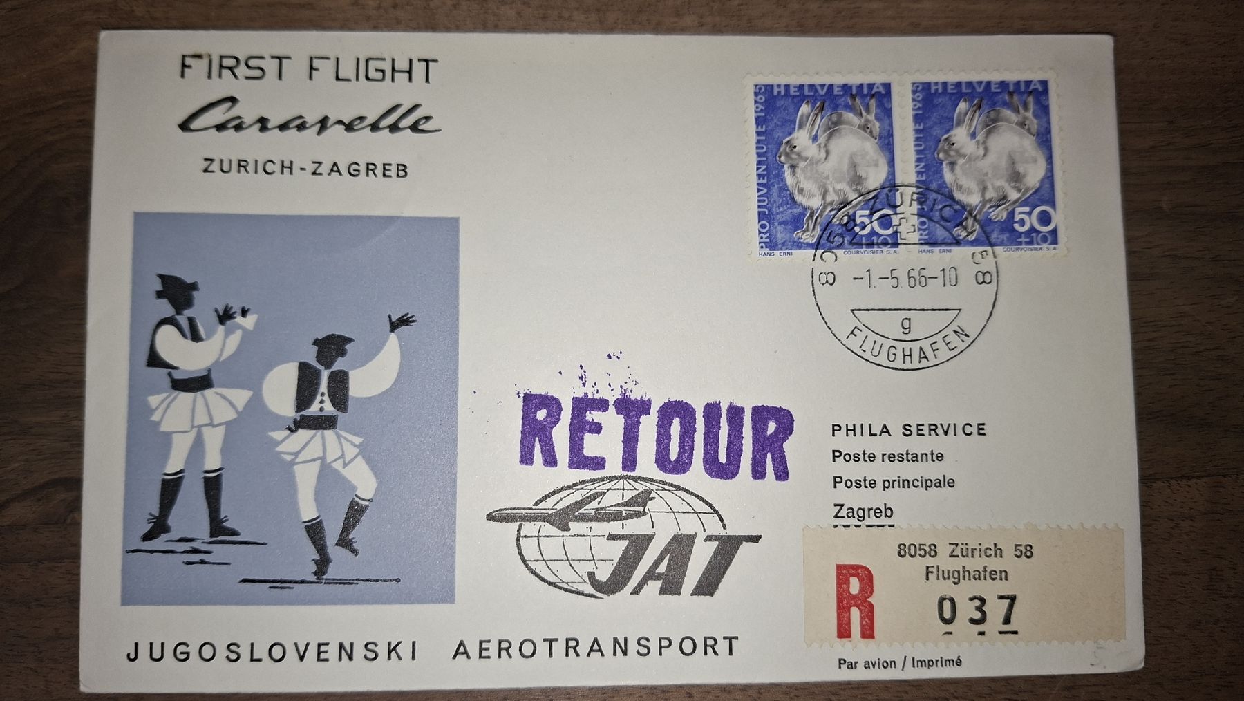 Tutti i francobolli: JAT Zürich - Zagreb 01.05.1966 – Usato da Balgach venduto da SIMEON27