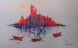 Gemälde, Bild 62x101cm, red city glowing, Marco Palmieri