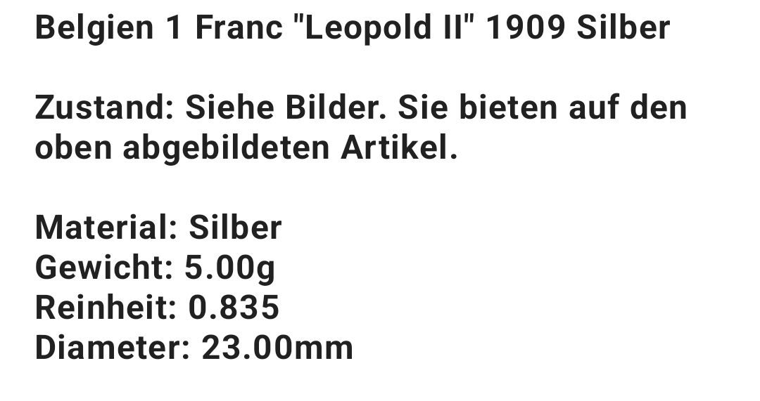 Tutti le monete: Belgien 1 Franc "Leopold II" 1909 Silber – Usato da Gordevio venduto da LadyTicino 3