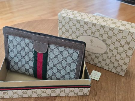 Gucci Vintage Clutch / Necessaire aus Leder Canvas Braun
