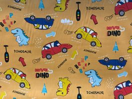 Tissu coton orange imprimé dinosaures automobiles