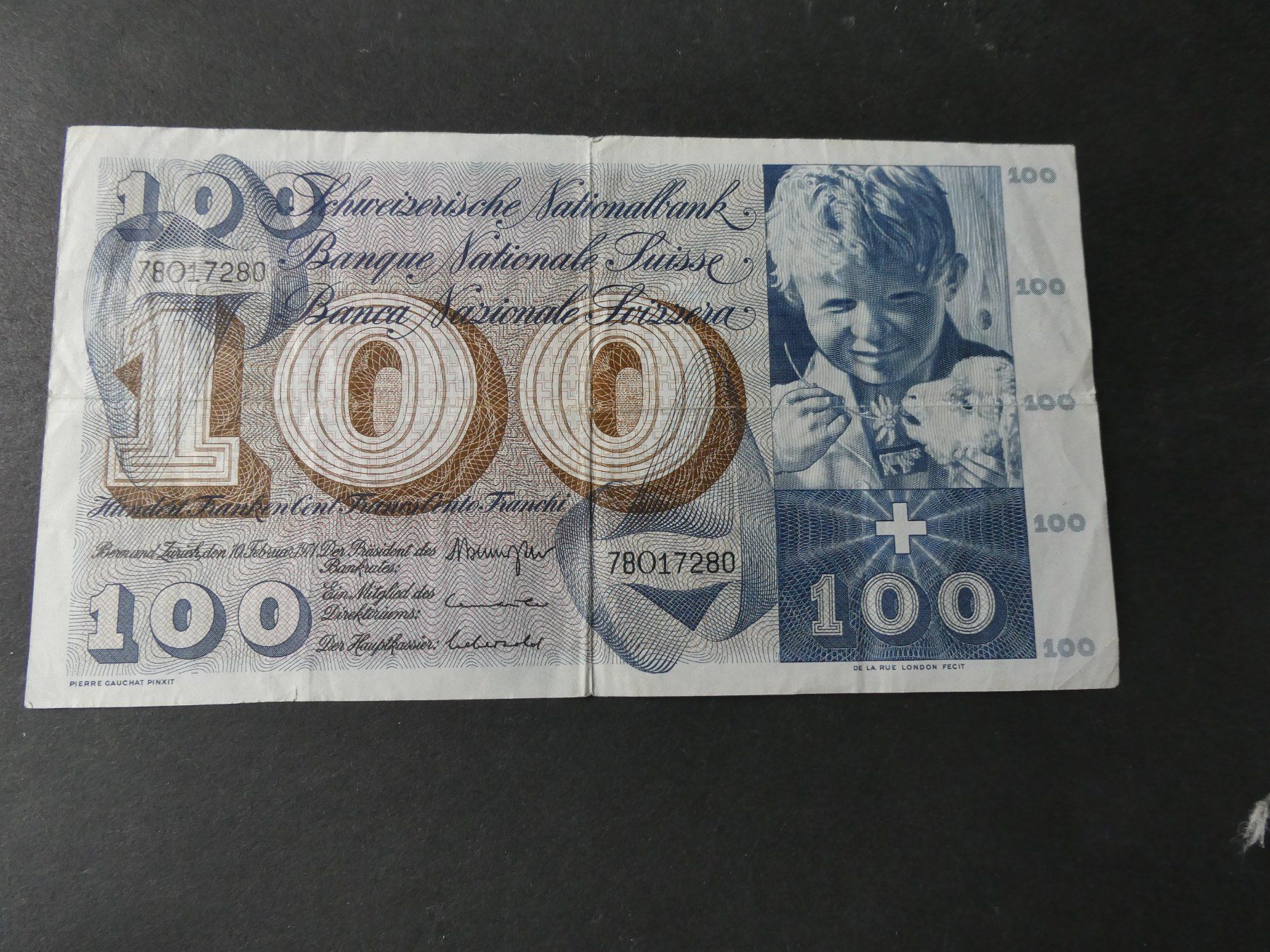 Banknoten: Schweiz 1971, 100 Franken – Gebraucht aus Hinterforst von Rohusri