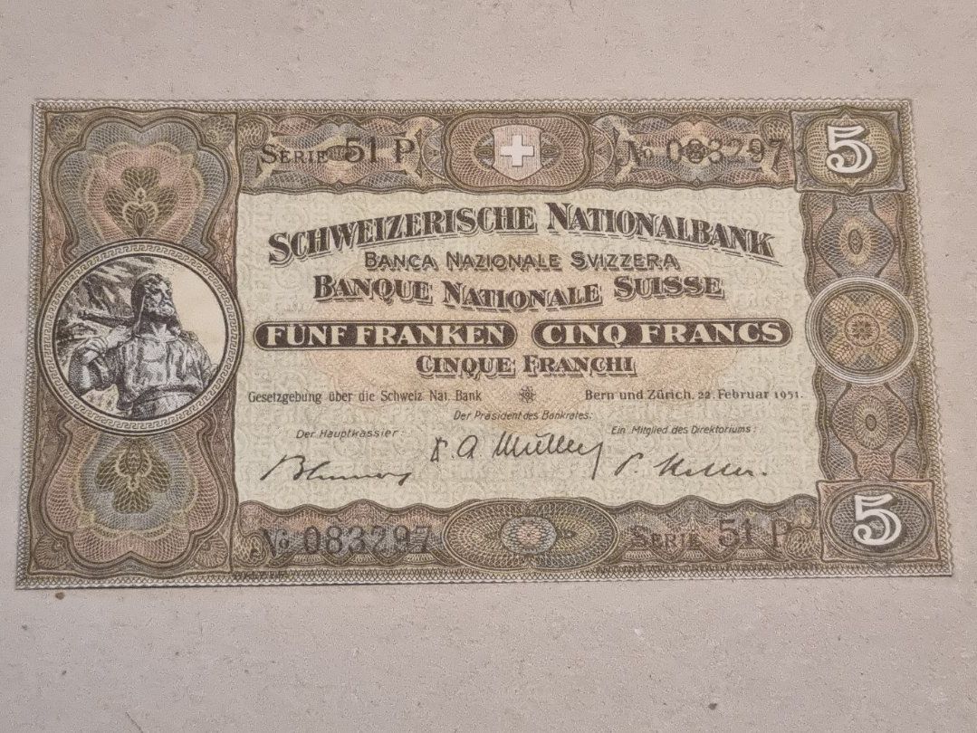Banconote: Note 5 FR 1951 ungefaltet – Nuovo e nell'imballaggio originale da Bure venduto da chap981