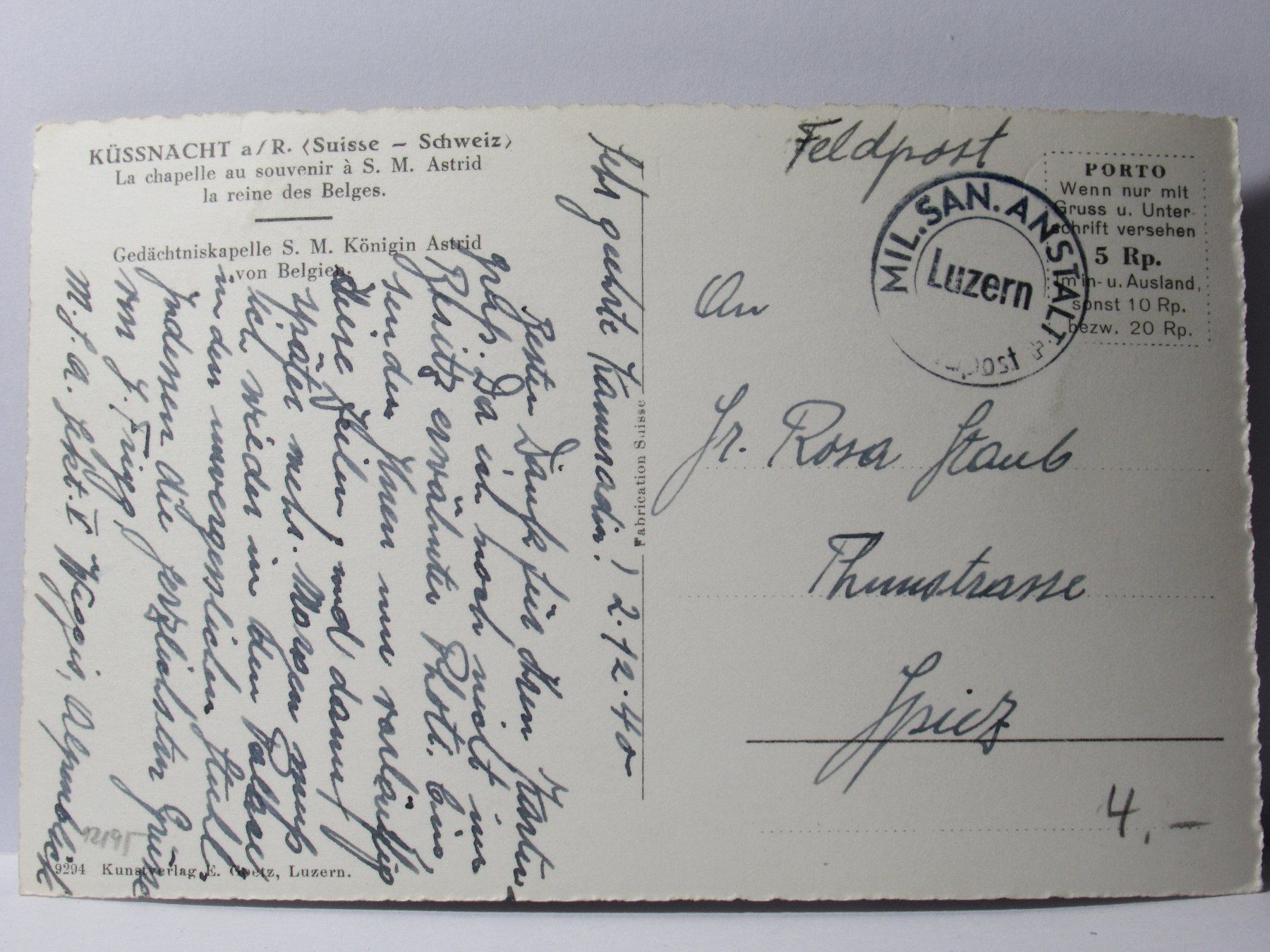 Cartoline postali: Küssnacht , Gedächniskapelle  , Militärpost 1940 – Usato da Grenchen venduto da Bluemchen1900 1