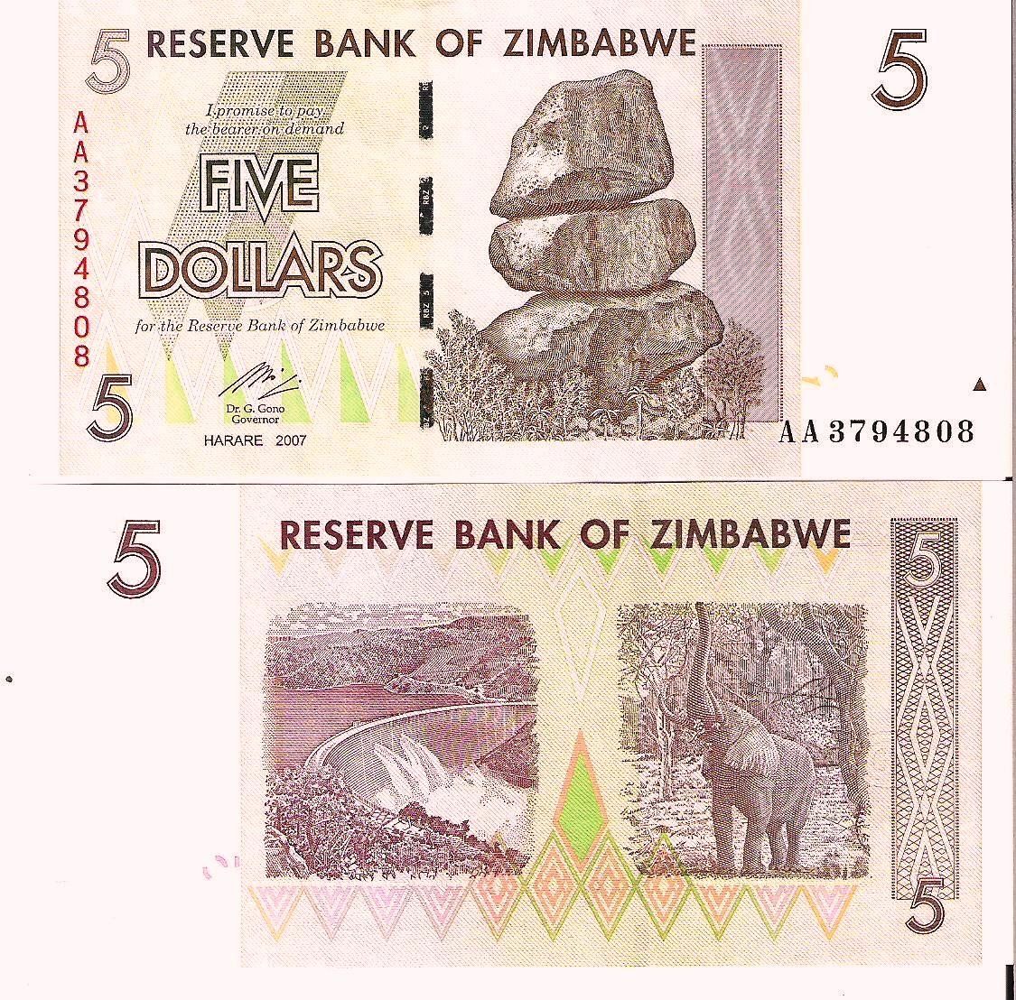 Banconote: ZIMBABWE 5 DOLLARS 2007 (UNC) – Nuovo (secondo la descrizione) da Sonceboz-Sombeval venduto da Simuncons