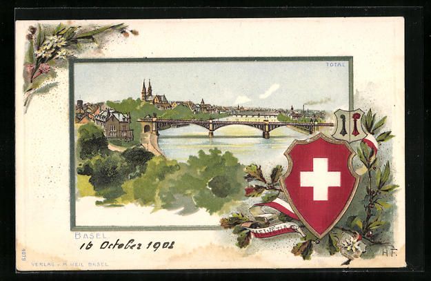 Cartoline postali: Präge-Lithographie Basel, Totalansichte – Usato da Berlin venduto da bartko-reher