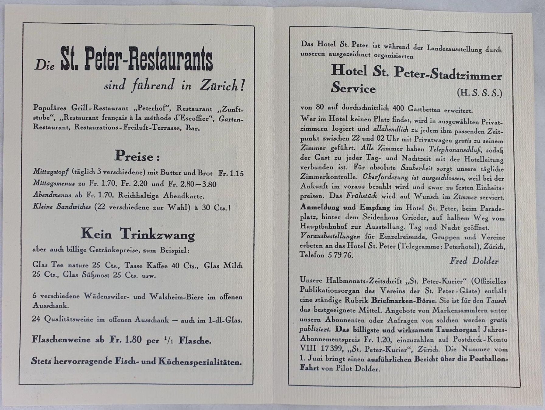 Documenti: Zürich, Werbebroschüre Hotel St. Peter,  1939 – Usato da Fislisbach venduto da Zigzag12 1