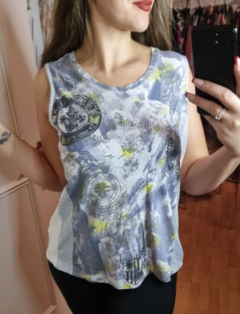 Sommertop Gr. 46 Strass Print Vintage Look grau weiss gelb