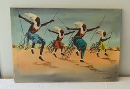 T. Kamuena Oel auf Leinwand Tanzende Menschen Afrika sign.