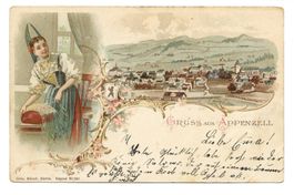 Gruss aus Appenzell - Dorf (AI) Trachtenfrau - Litho - 1900