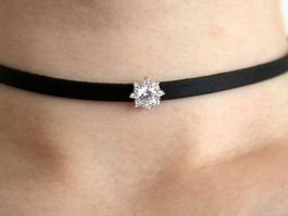 Lederhalsband Sterling Silber Strass Zirkonia Steine Schwarz