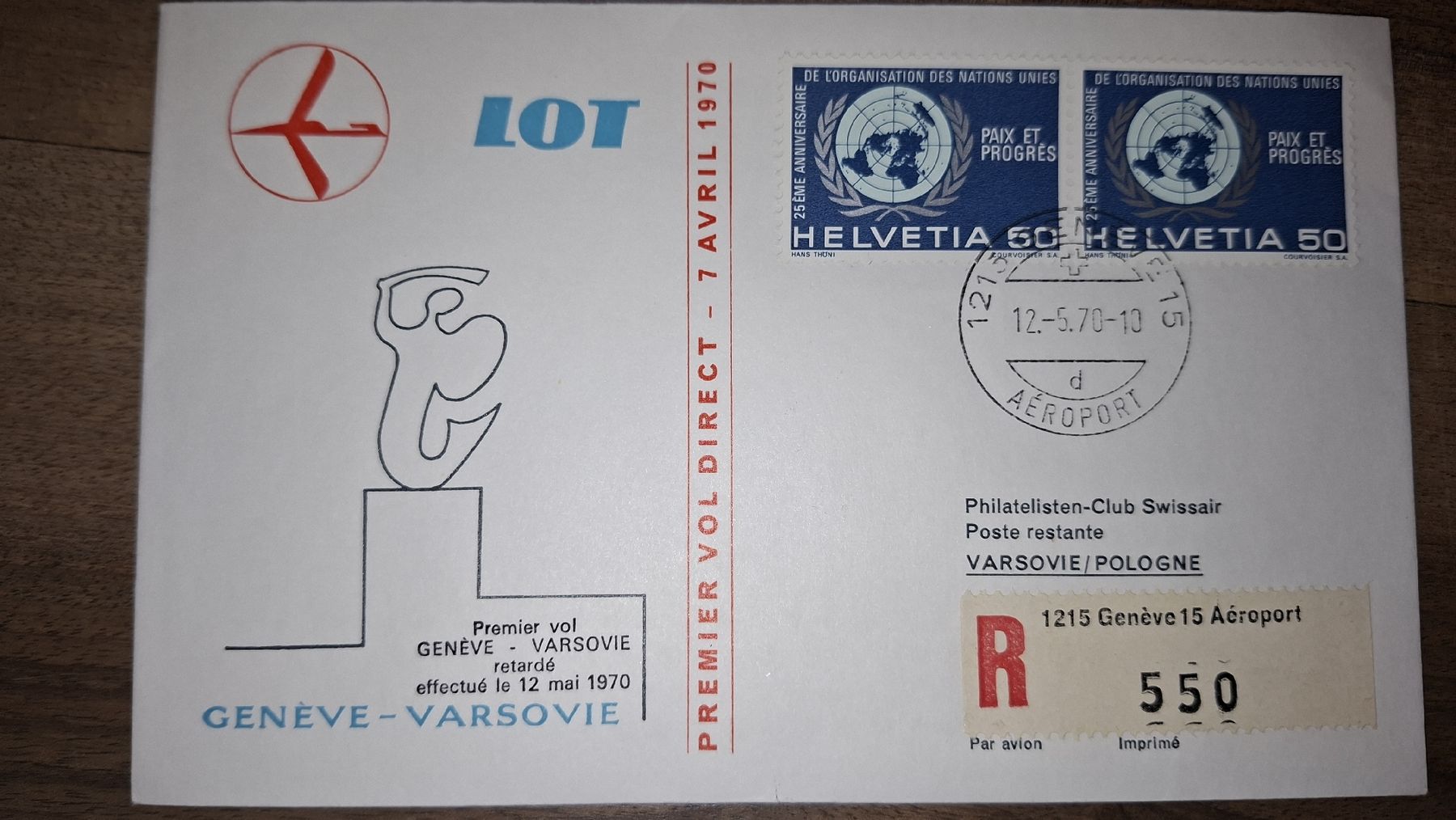 Tutti i francobolli: LOT Geneve - Varsovie 12.05.1970 – Usato da Balgach venduto da SIMEON27