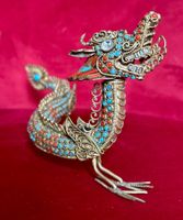 Tib. Messing-Drache-Figur Flasche.: Koralle & Türkis inlay