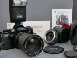 Minolta X-9 Analoge SLR (MD) + Calimar 28-105mm +Blitz +Docs