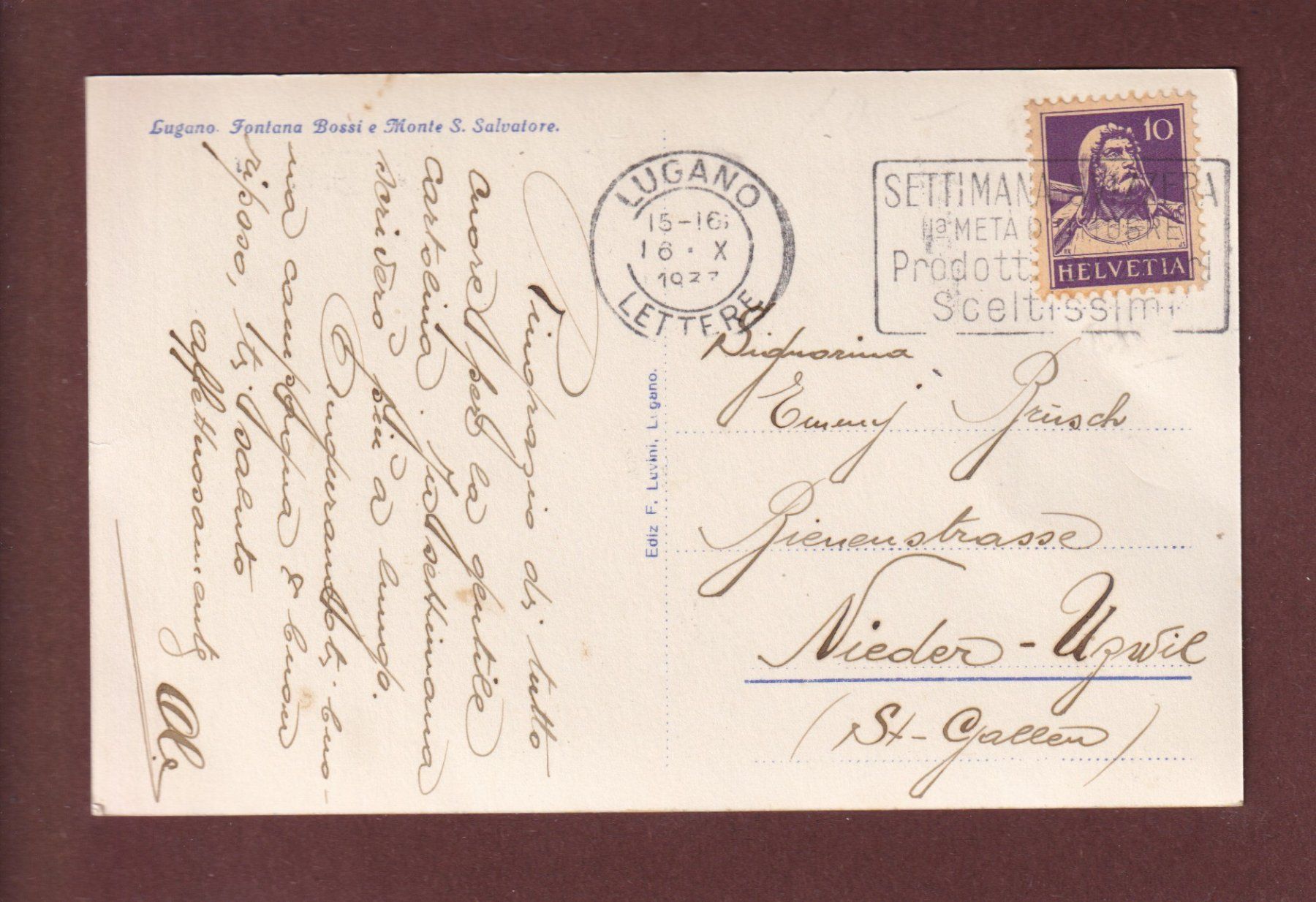 Cartoline postali: LUGANO - Fontana Bossi - 1933 – Usato da Pully venduto da nicecards 1