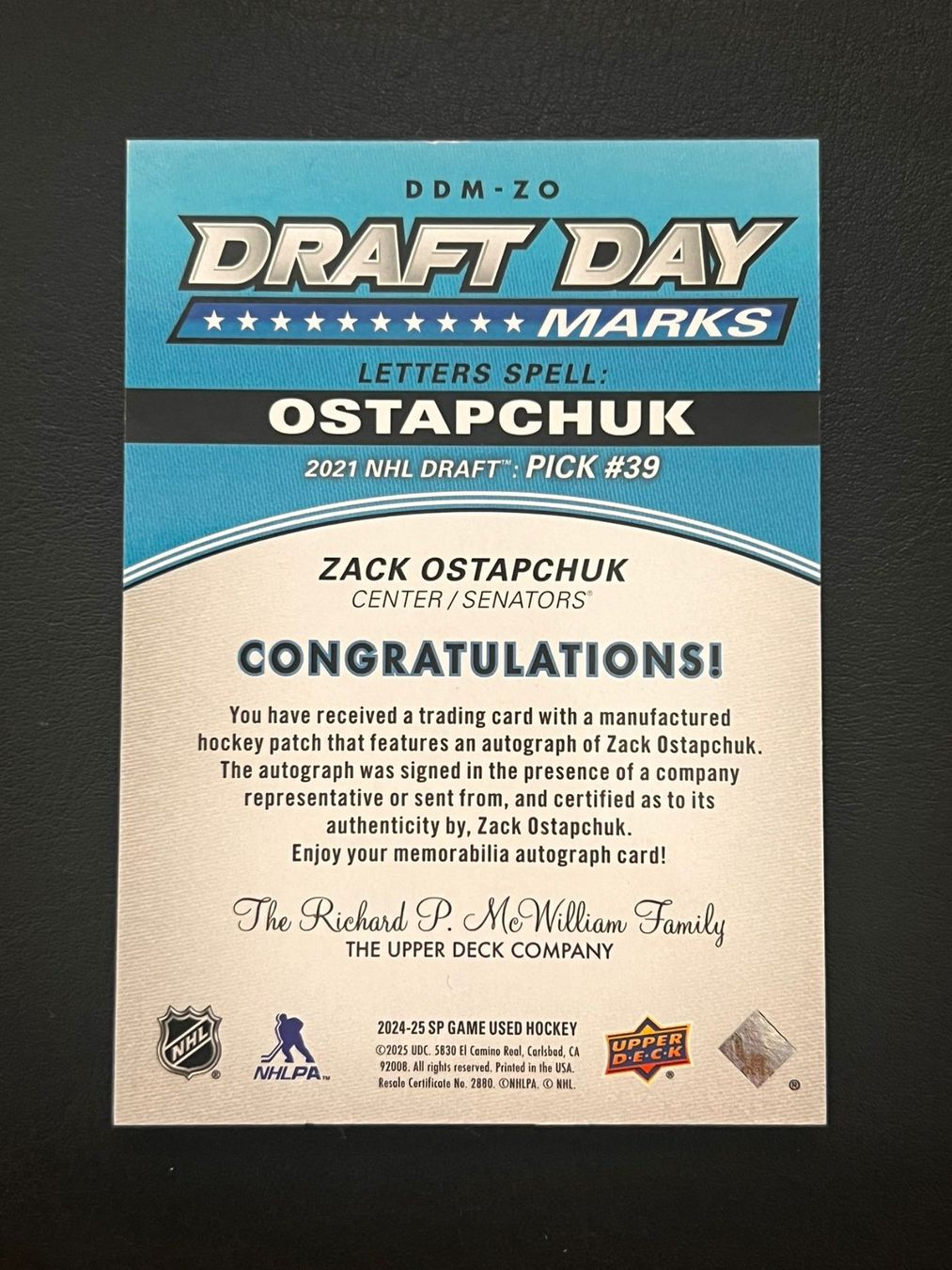 NHL Carte collezionabili: Zack Ostapchuk 2024 Draft Day Marks 9/35 Ottawa Senators – Nuovo (secondo la descrizione) da Möhlin venduto da SwissHockeyCards 1
