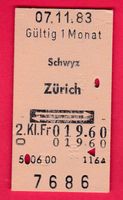 KARTON BILLETT, SCHWYZ - ZÜRICH, 2.KLASSE, RETOUR