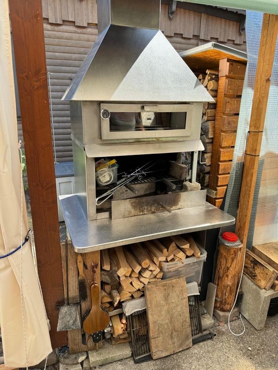 Chromstahl Garten Cheminée mit Pizzaofen fahrbar Kaufen auf Ricardo