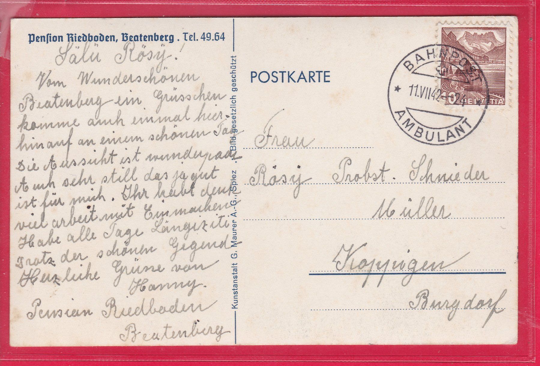 Ansichtskarten: BEATENBERG, PENSION RIEDBODEN, 14.7.1942 – Gebraucht aus Oberrieden von Gebirgsstelze 1