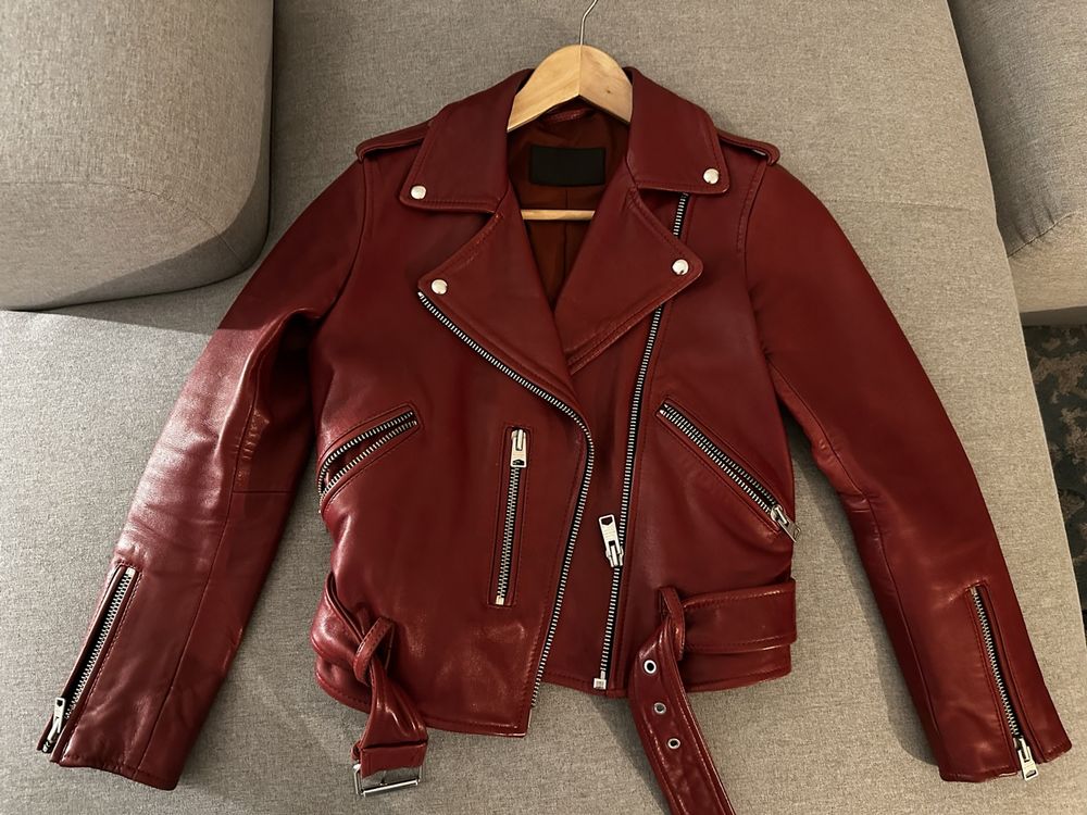 All saints hotsell red leather jacket