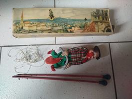 Marionnette clown funambule FEWO vintage corde et perches...