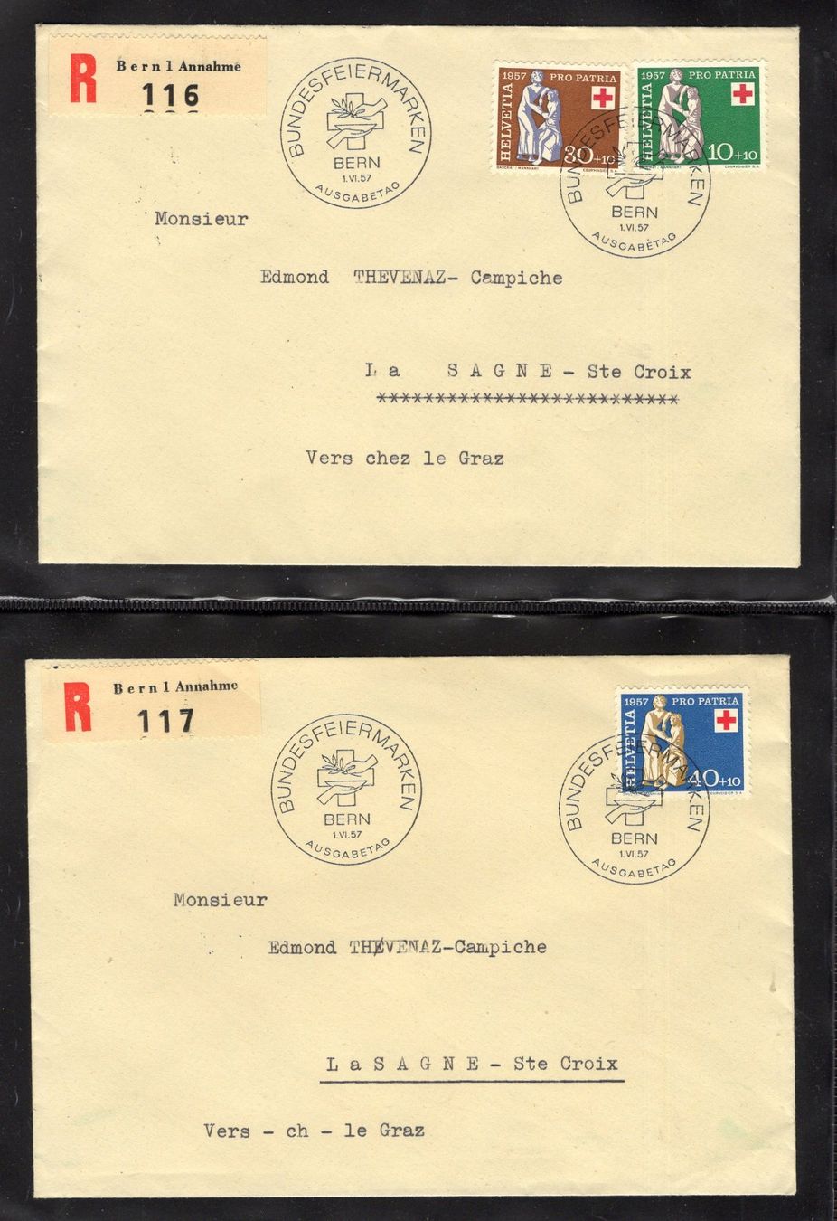 Alle Briefmarken: R6551  /  4 FDC pro patria 1957 – Gebraucht aus Ste-Croix von MONT-TAGNAC