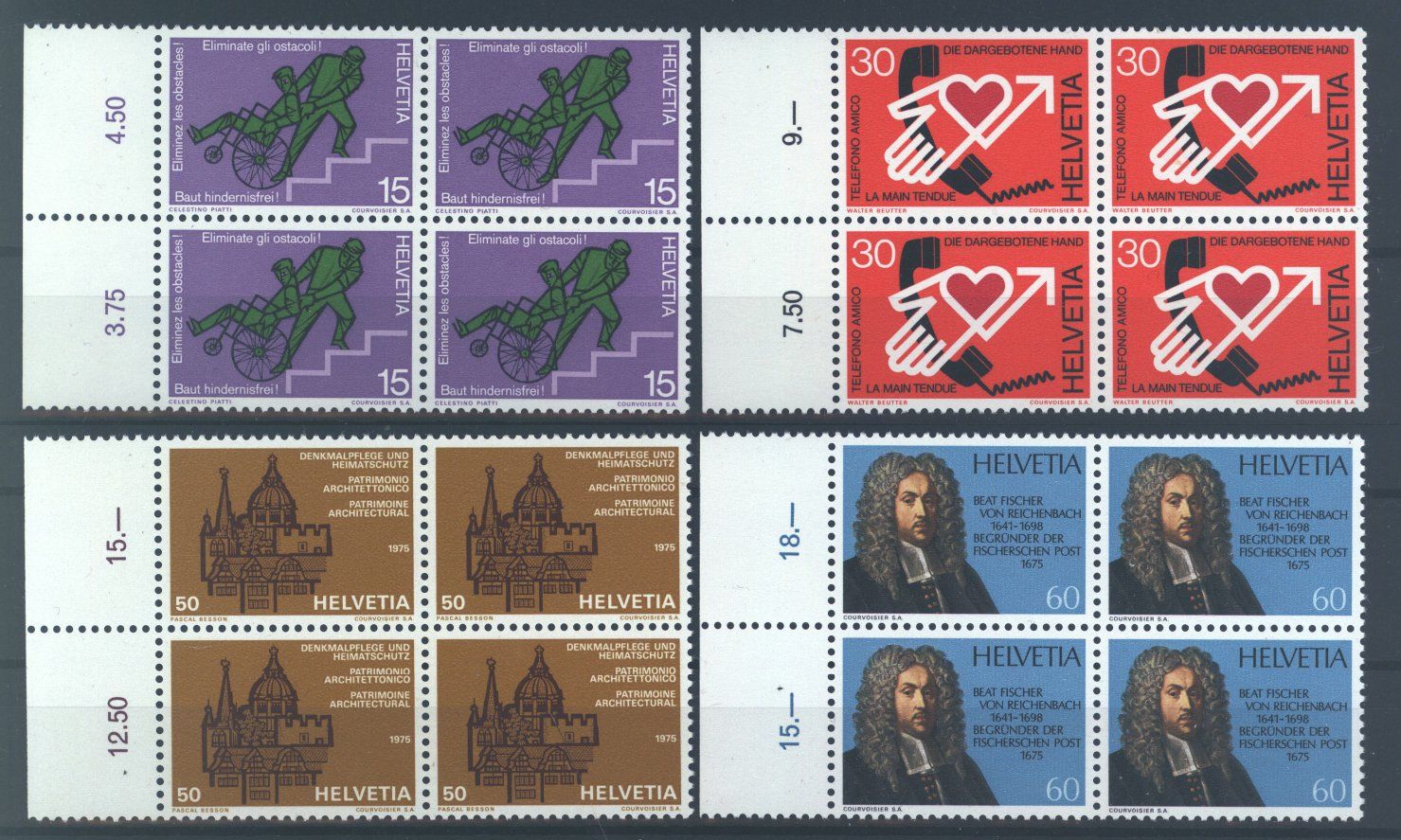 Tutti i francobolli: 1975, Sonderpostmarken II, Viererblöcke ** – Usato da Willisau venduto da Vollstempel