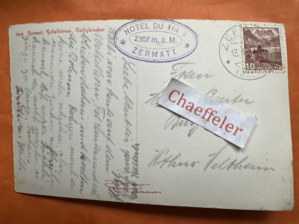 Cartoline postali:  5216 Zermatt. Gabelhörner, Triftgletscher 1942 – Usato da Zürich venduto da Chaeffeler 1