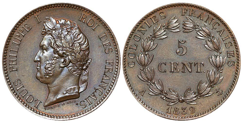 Alle Münzen: Französische Kolonien, 5 Cent. 1839 Paris – Gebraucht aus Lugano von Numisartes