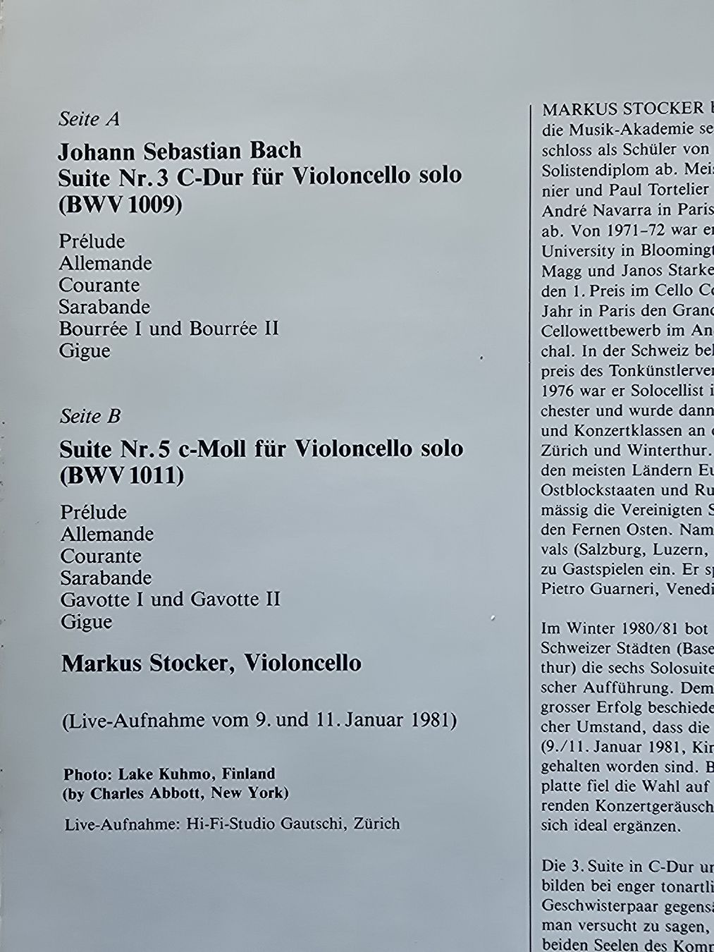 Dischi in vinile: Markus Stocker Live Bach Suiten 3, 5 – Usato da Hedingen venduto da mickway 1