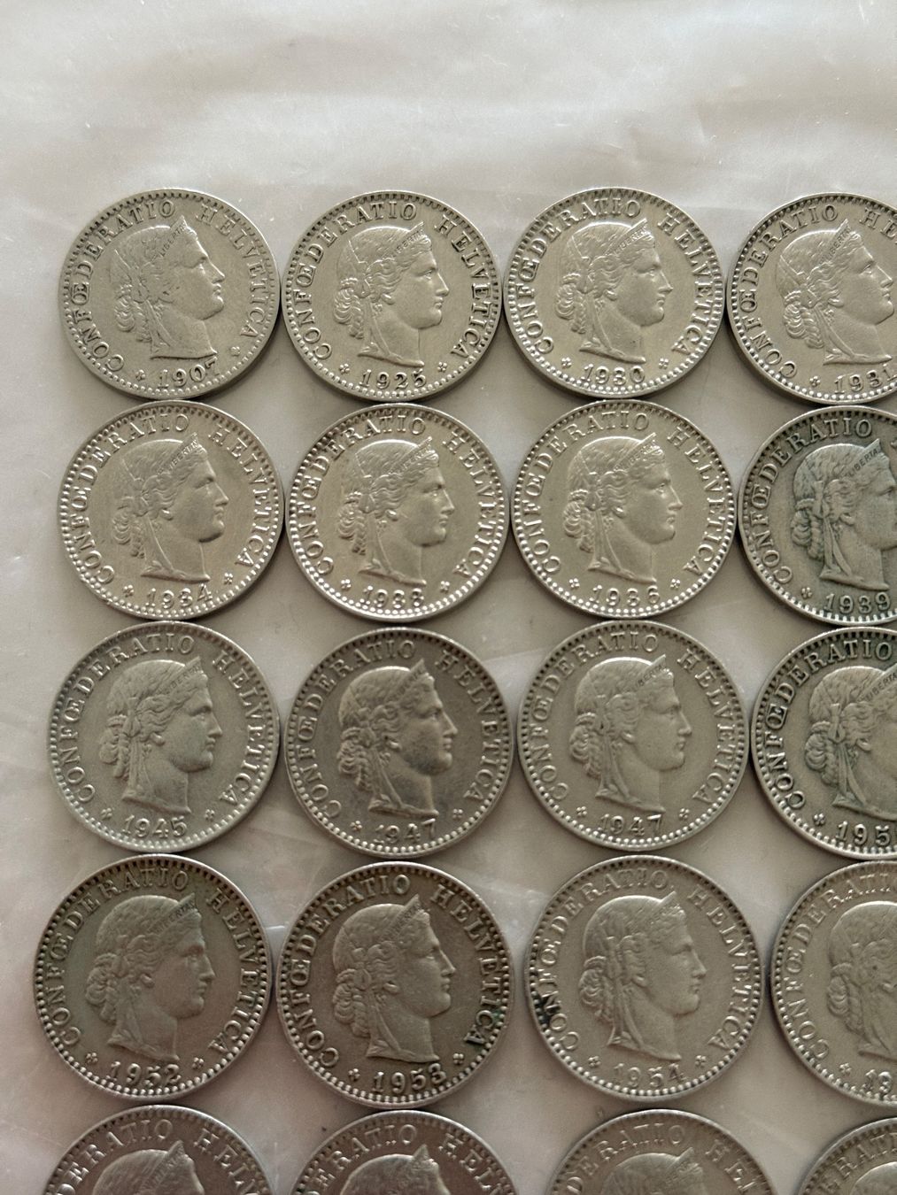 Alle Münzen: 36 x 20 Rappen  1907 - 1969 – Gebraucht aus Wallisellen von SWISS_SILVER1 1