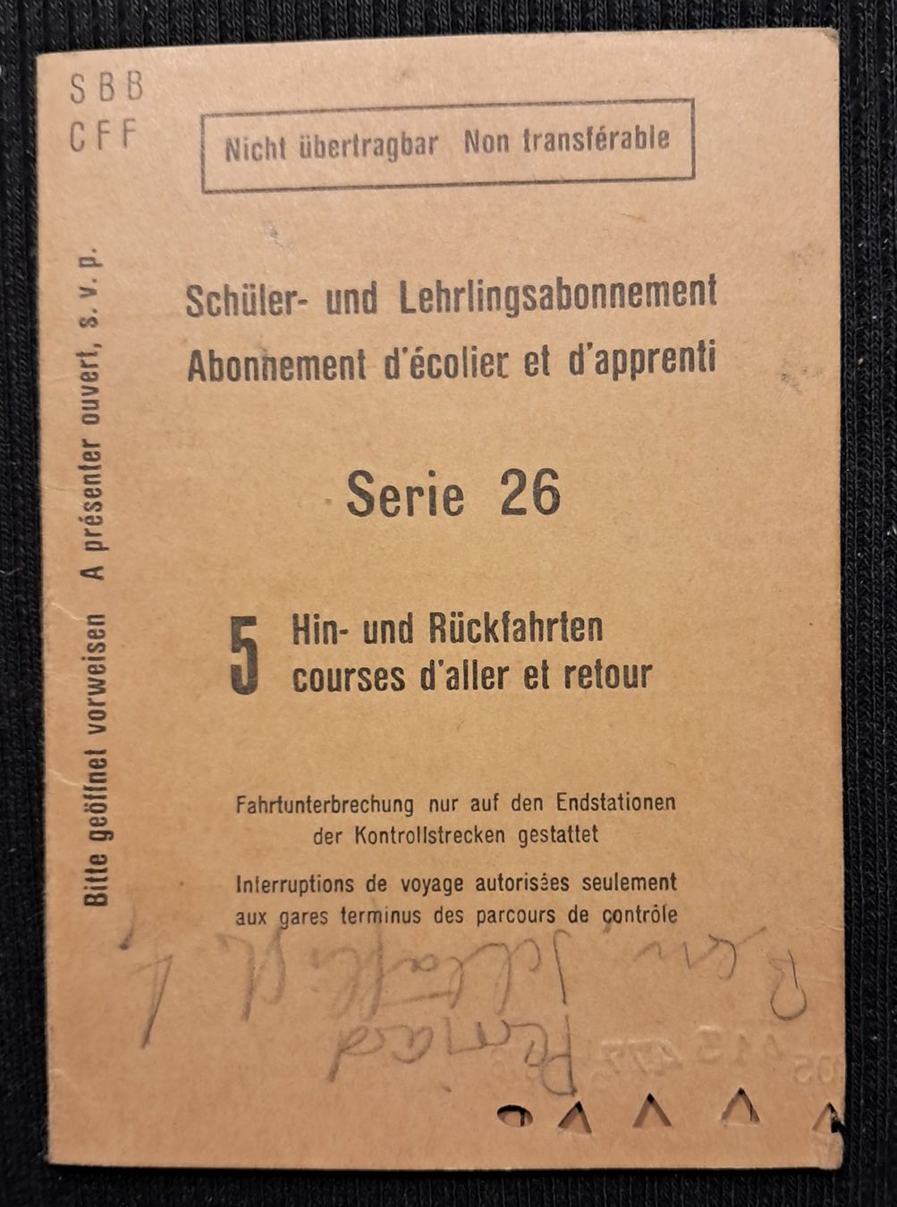 Billets: SCHULER - LEHRLINGSABONNEMENT SBB - CFF - 1949 – D'occasion à Ponto Valentino par giorgia06