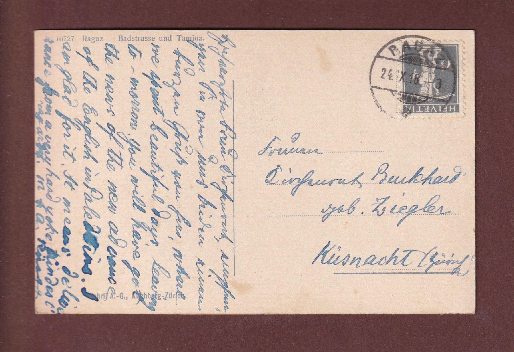 Cartoline postali: RAGAZ - Badstrasse und Tamina - 1918 – Usato da Pully venduto da nicecards-shop 1